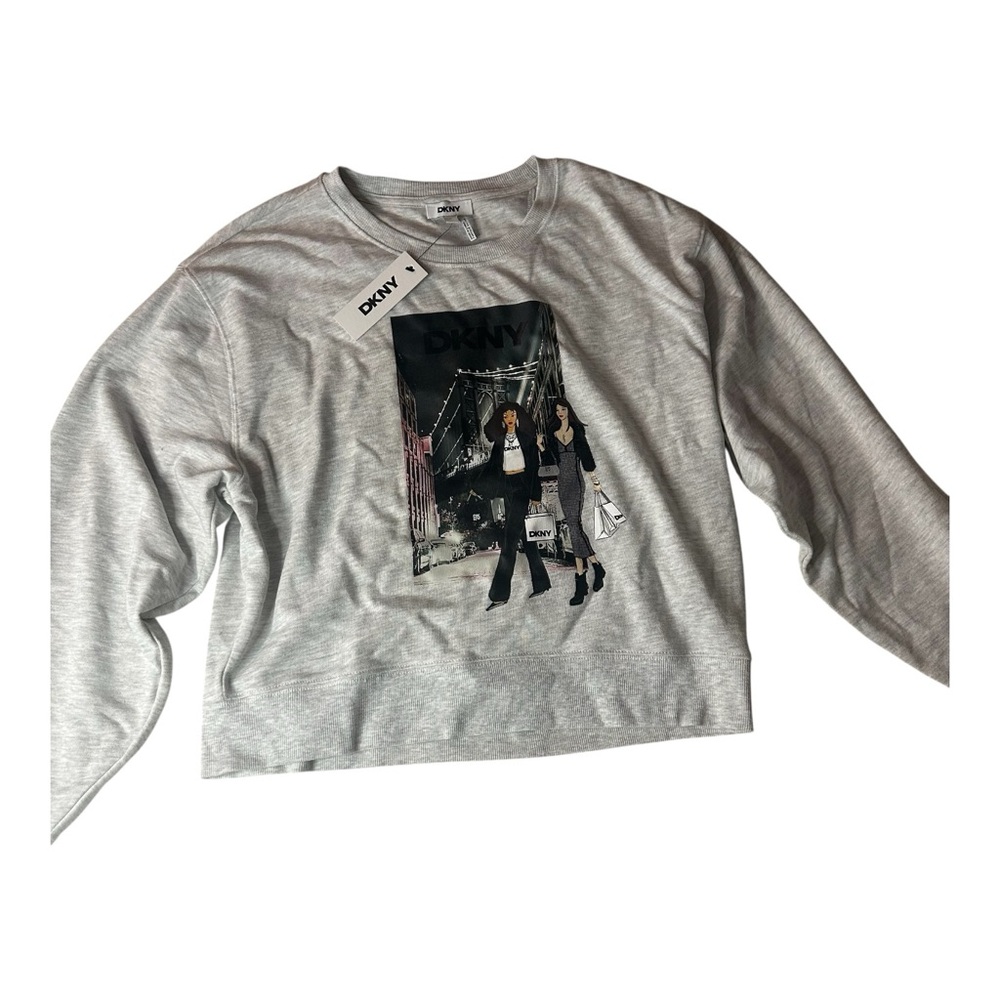 NWT DKNY Light Gray Graphic Top Crewneck Sweater Large